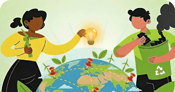 Climate Weeks illustration showing people with plants and recycling bins, with wind turbines and solar panels in the background