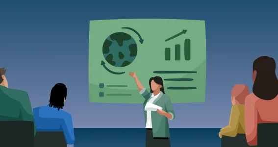 Events illustration showing people in a room watching a presentation on a screen displaying global climate trends