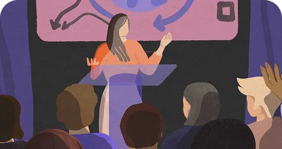 Fellowship illustration showing a speaker at a podium addressing an audience at a conference